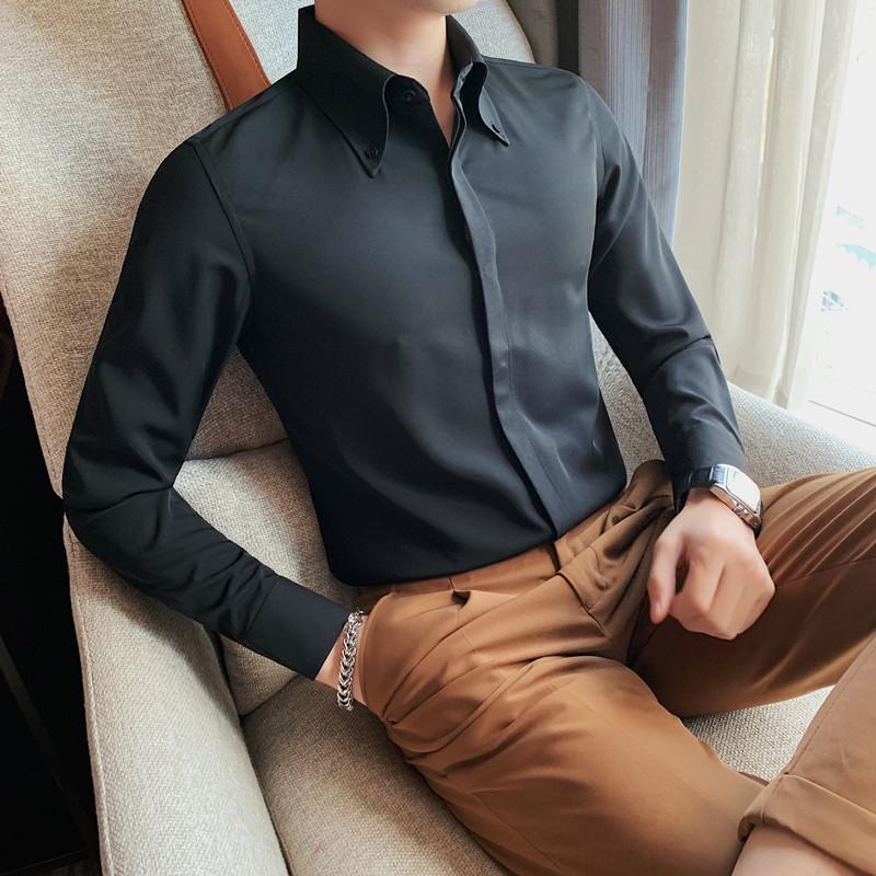 Men's Long-Sleeve Non-Iron Shirt with Hidden Placket and Big Point Collar – Korean Style, Casual Temperament