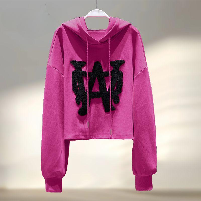 

Трендовая женская толстовка с капюшоном весна осень короткая приталенная молодежная повседневная мода L ярко-розовый