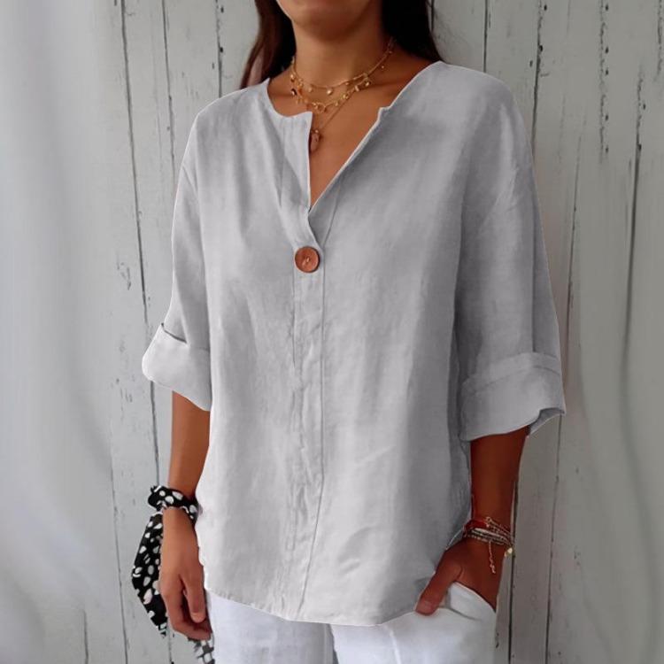 Bluse T-shirt da Donna in Cotone e Lino Larghe con Scollo a V e Bottoni Nuove Camicie Estive