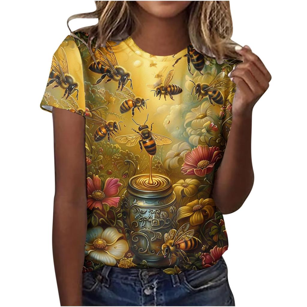 Cute Honey Bee Graphic 3D Print T-Shirts Women's Short Sleeves Elegant T Shirt Streetwear Y2k Harajuku Tees Tops Female Clothing
