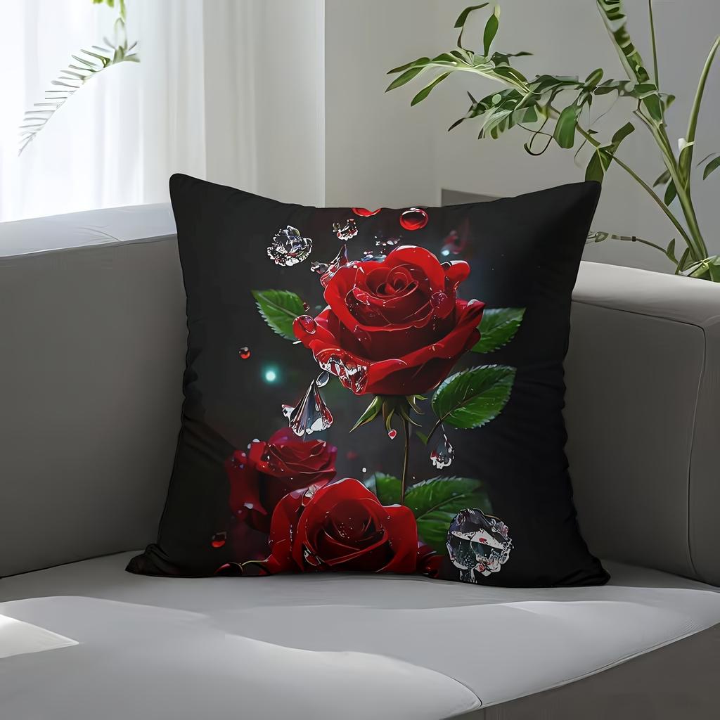 Stylish Water Drop Rose Pattern Double-Sided Decorative Pillowcases, Cushion Covers For Sofa And Bedroom