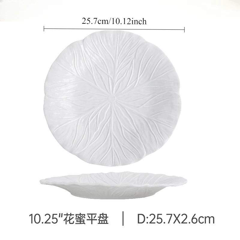 Nordic Luxury Flower Ceramic Bowl Pure White Creative Cabbage Relief Tableware Fruit and Vegetable Salad Bowl, Large Soup Bowl