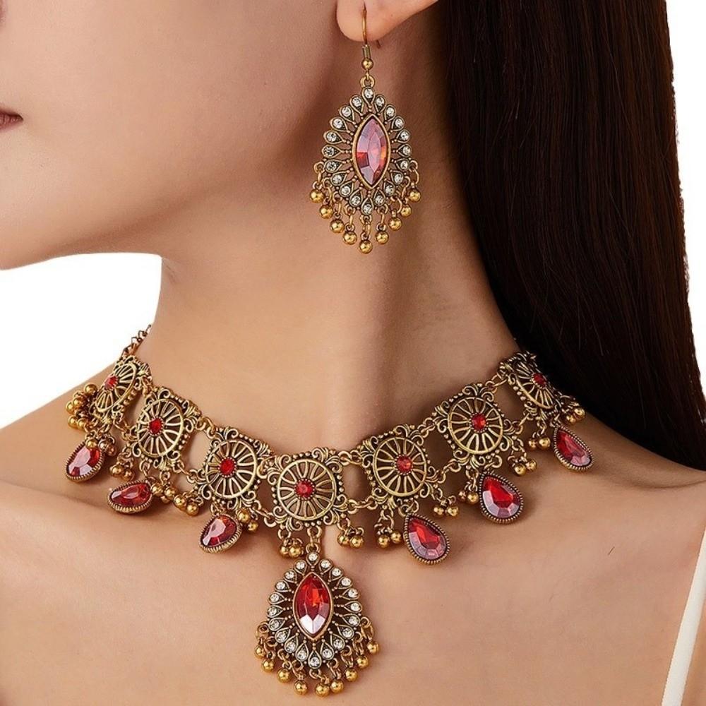 Metal Rhinestone Jewelry Set Bohemia Style Ethnic Style Necklace Set Necklace Earrings Set Women