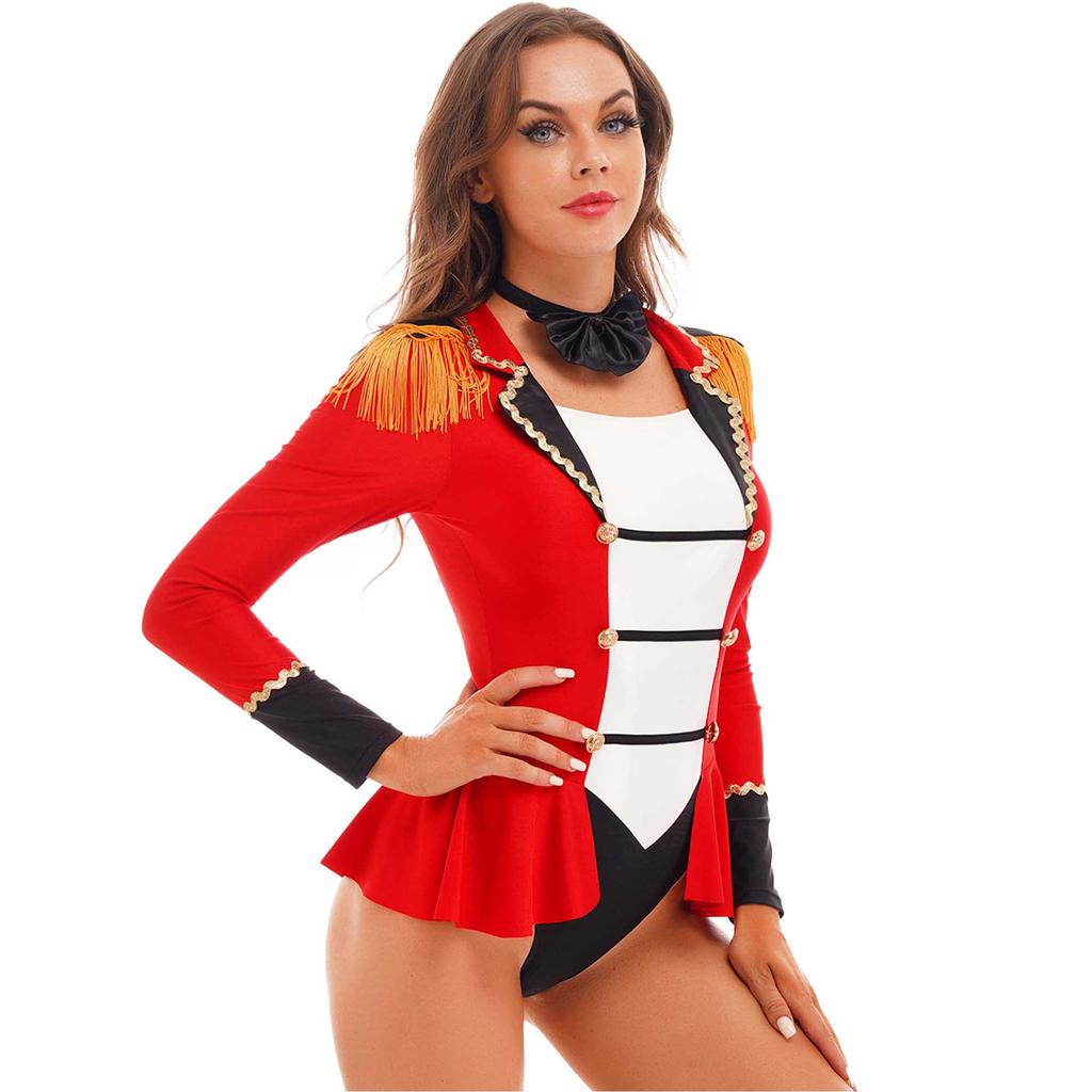 Damen Circus-Zirkusdirektor Rollenspiel Kostüm Langarm Overall Colorblock Patchwork Rock-Bodysuit
