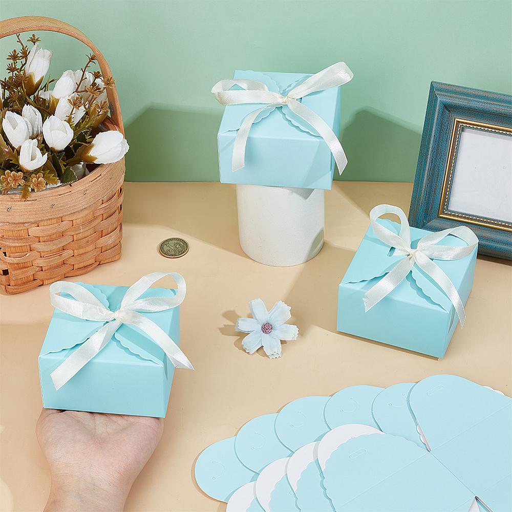 30sets Square Folding Paper Gift Boxes for Presents Candies Cookies Wrapping with Polyester Ribbon Sky Blue 9x9x5cm
