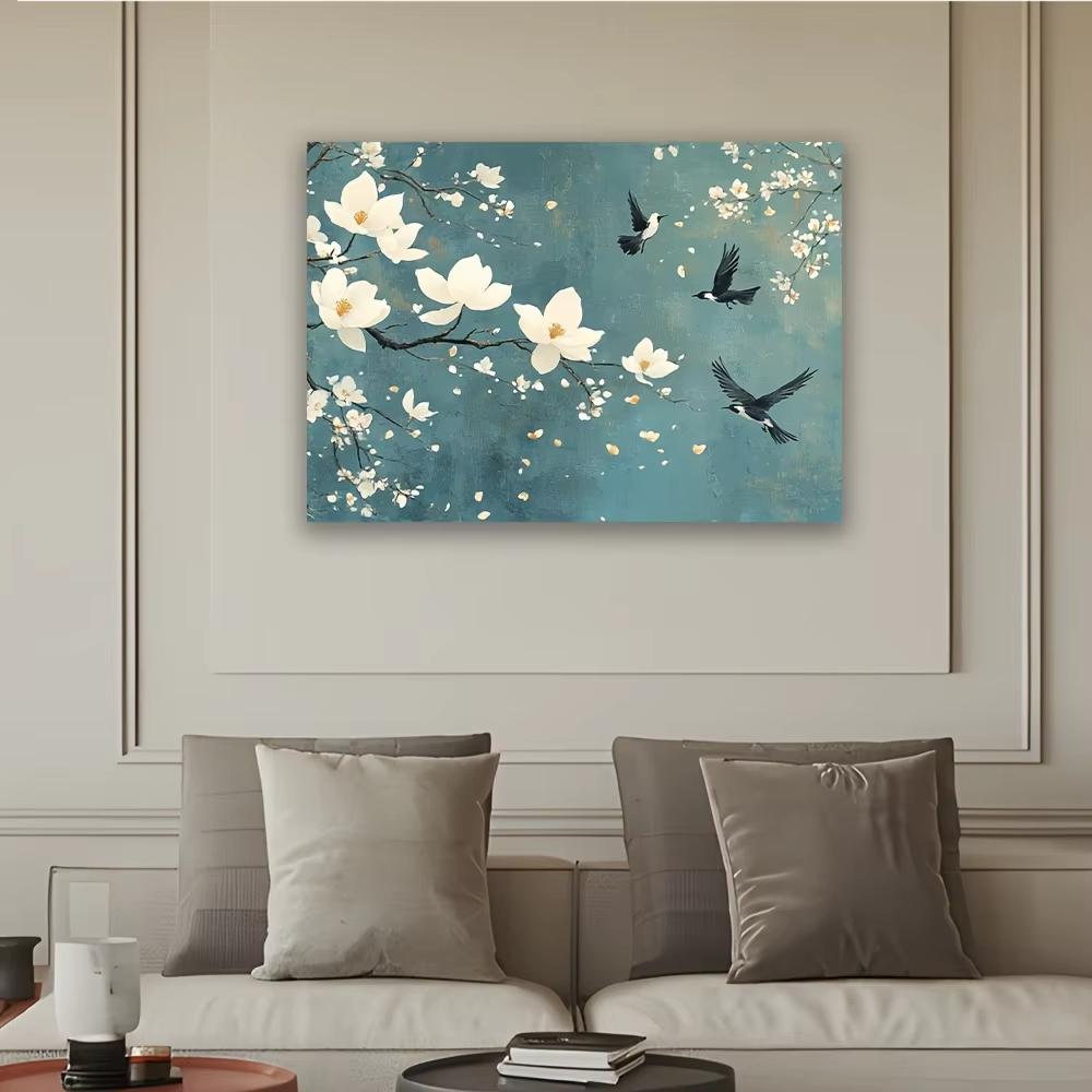 Elegant Magnolia Tapestry Serene White Flowers Blue Background Wall Hanging for Living Room Bedroom Office Decor
