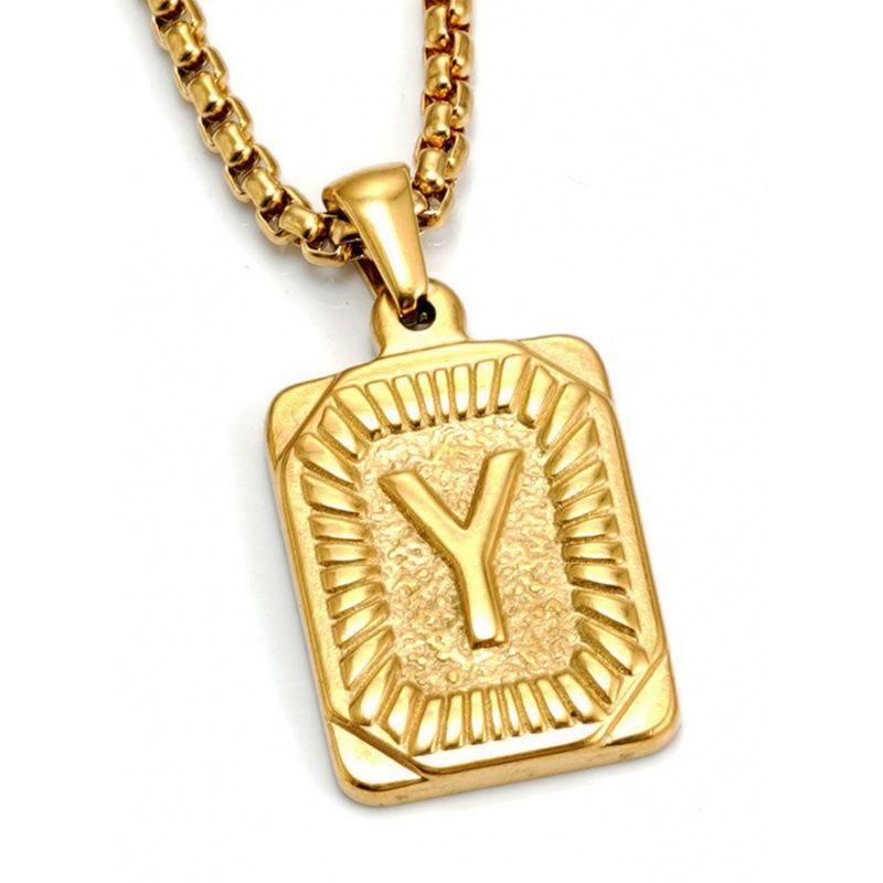 Necklace Jewelry Men's 18K Gold Square Double-sided 26 English Letter Pendant Titanium Steel Necklace