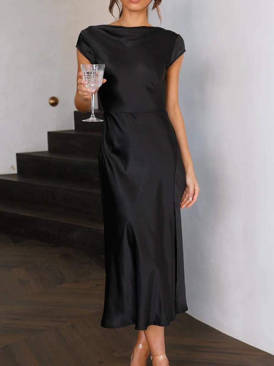 Женское атласное однотонное платье-миди с драпировкой на спине и завязками, с короткими рукавами, вечернее платье S чёрный