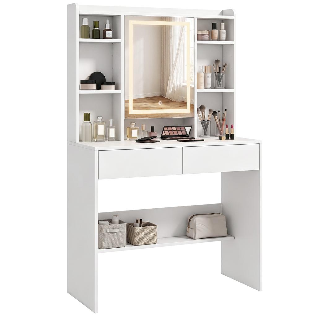 Makeup Vanity Table with Mirror Cabinet, LED Lighting, 2 Drawers, White