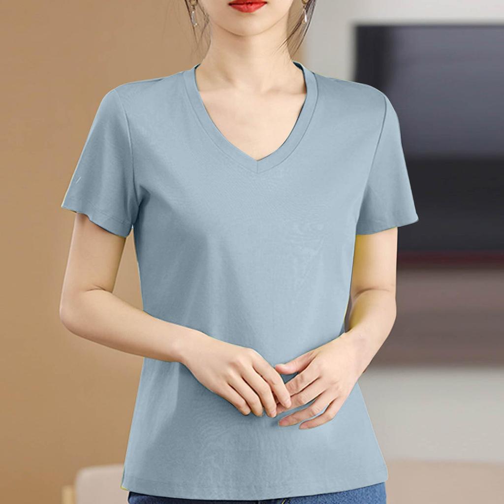 Women's Solid Color Casual V-neck Sim Ple Short-sleeved T-shirt Female Top