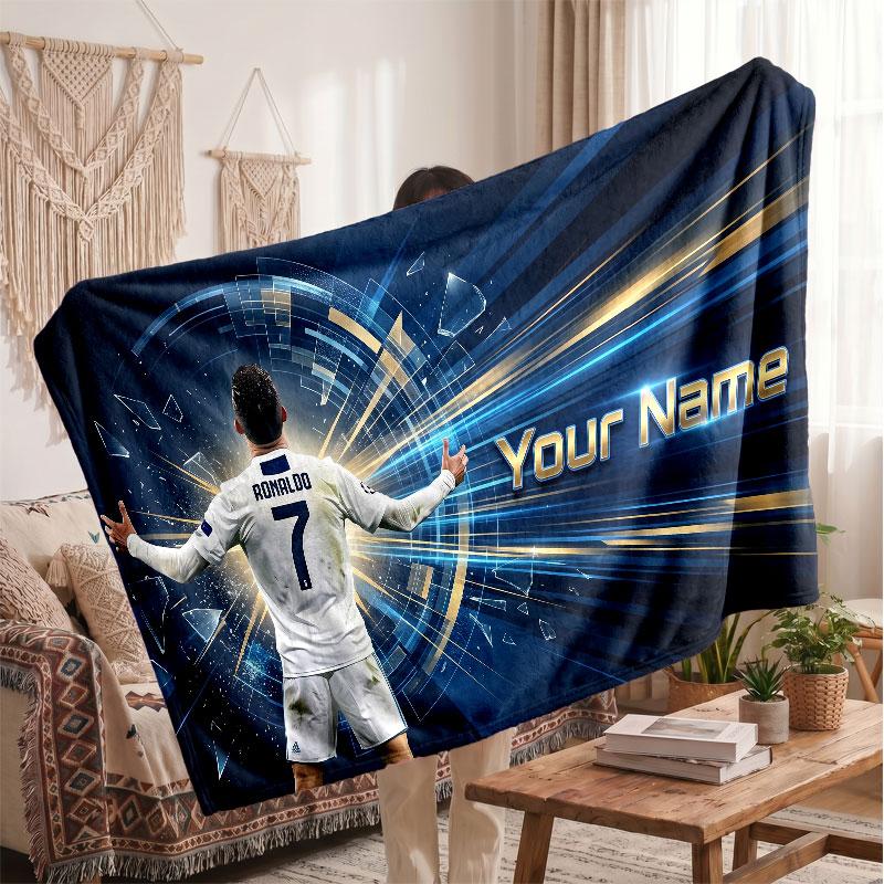 Couverture polaire personnalisée Cristiano Ronaldo avec logo de football, texte de nom personnalisé, couverture d'appoint douce et chaude pour la maison
