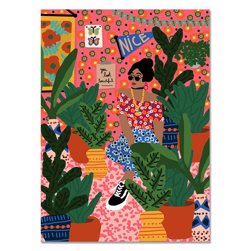 Abstract Fashion Vintage Girl Plant Dog Wall Art Canvas Painting Nordic Posters And Prints Wall Pictures For Living Room Decor