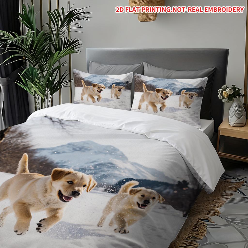 Pillowcase Quilt Cover Three-Piece Set,Lively Golden Retriever Snow Running Pattern,Strong And Durable,Machine Washable