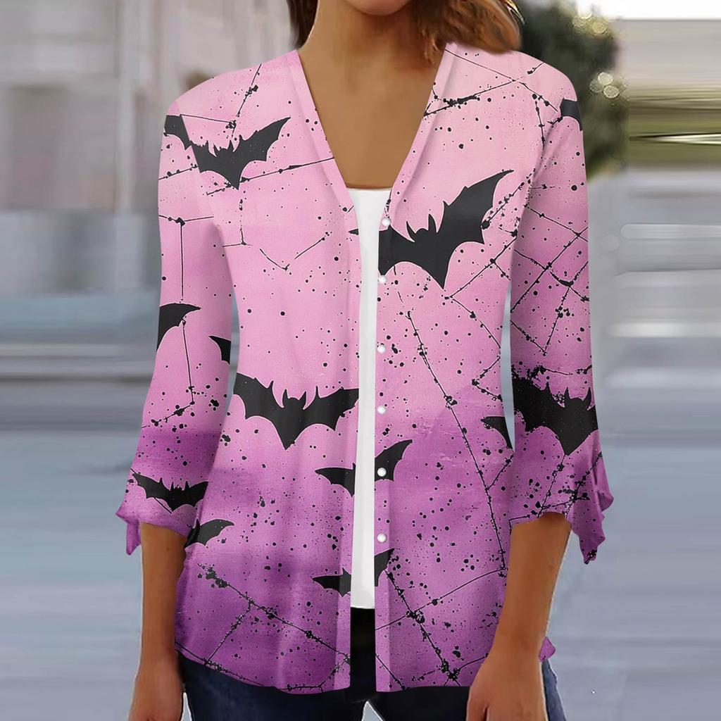 Damen Locker Lässig Bedruckt Siebenärmel Knopfleiste Hemd Strickjacke Top