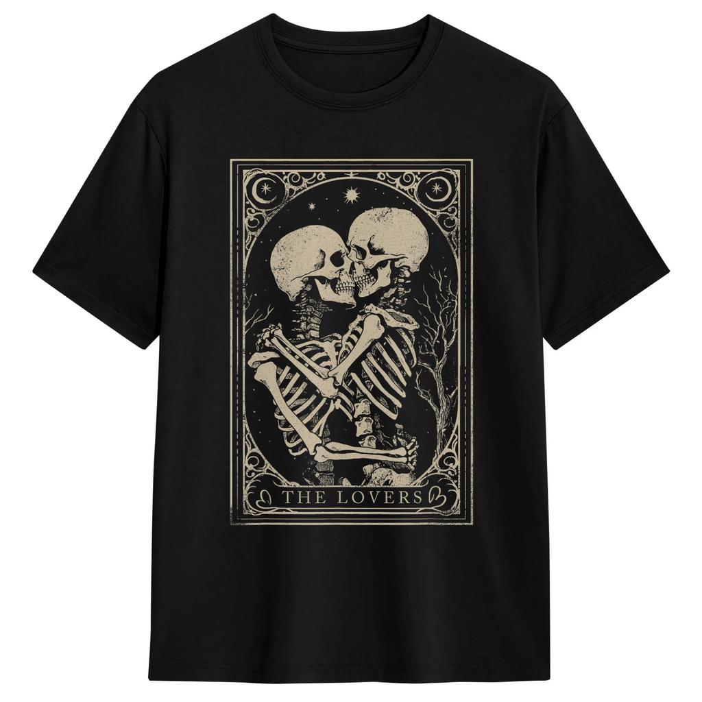 Unisex Tarot Card The Lovers Goth Skeleton Halloween Occult Tshirts Cotton Clothes Beach Y2k Funny Short Sleeve Tshirt O Neck Tee