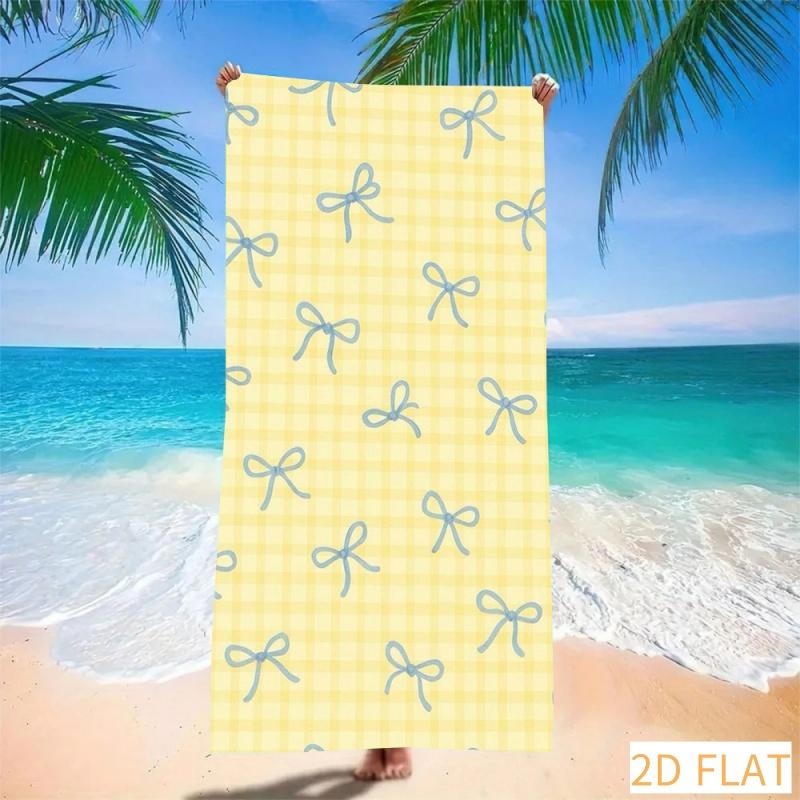 Absorbent Quick Dry Microfiber Beach Towel - Yellow Plaid with Blue Bows, Lightweight Sand Free Blanket for Picnic Travel Pool