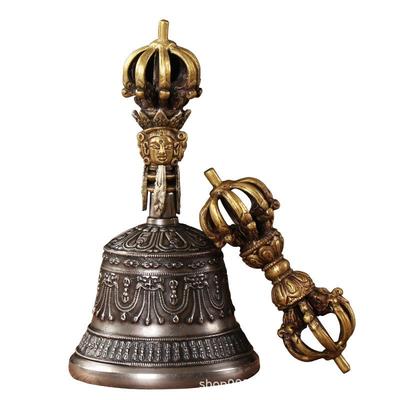Campana e Vajra Scolpiti in Bronzo Stile Tibetano & Dorje - Strumento Rituale Esoterico a Nove Punte
