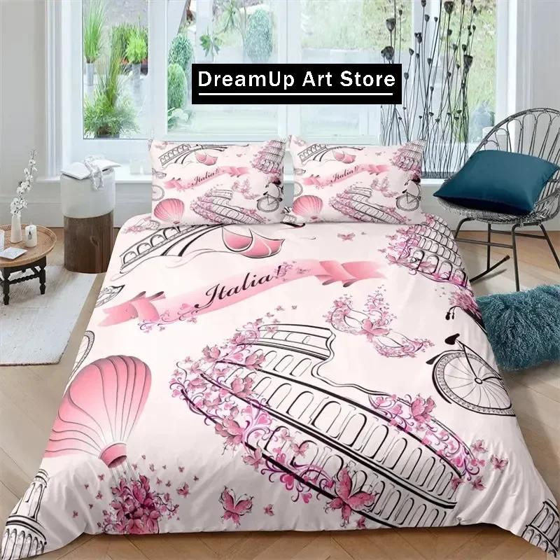 Eiffel Tower Duvet Cover Romantic Couple Flower King Comforter Cover Microfiber France Paris Cityscape Bedding Set For Girl Teen