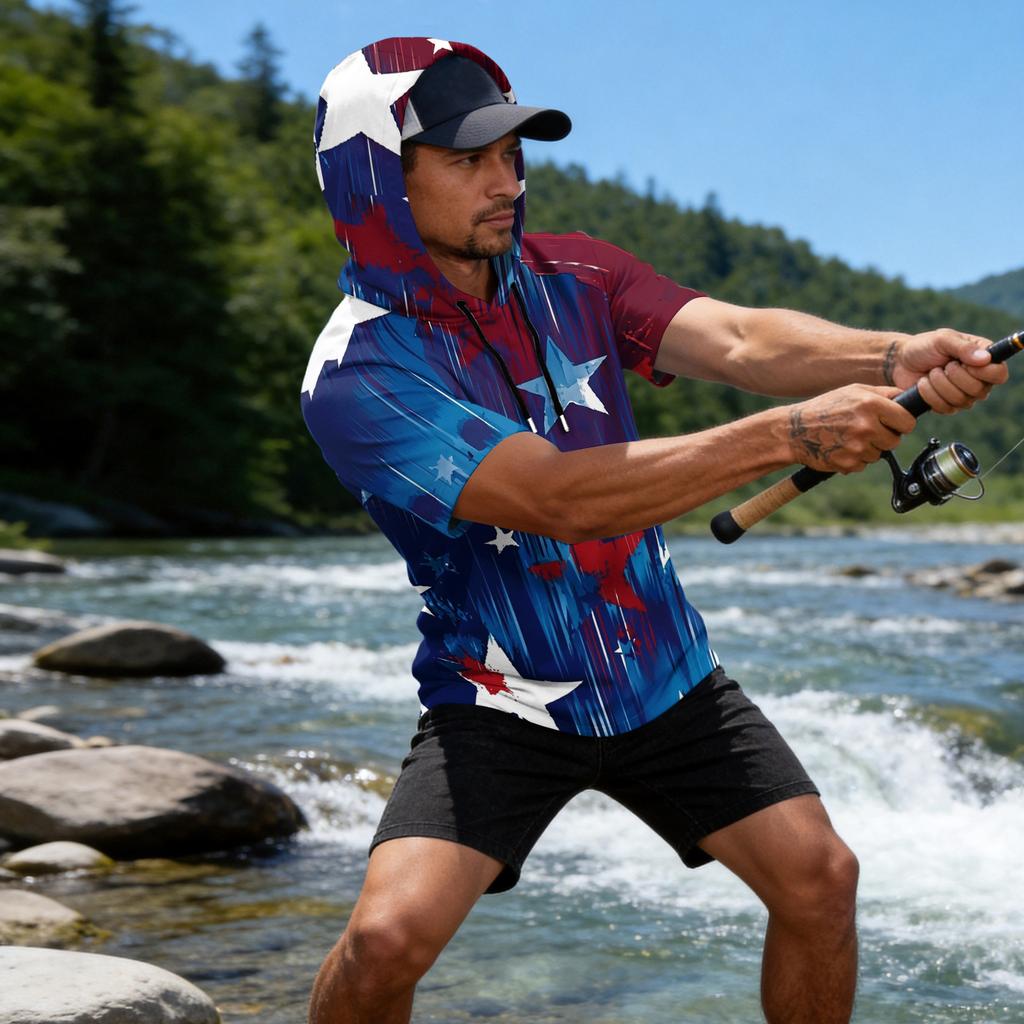 Men's Raglan Sleeve Casual Sport Hoodie Short Sleeve Lightweight Fishing Sun Protection Shirt with Hooded Design