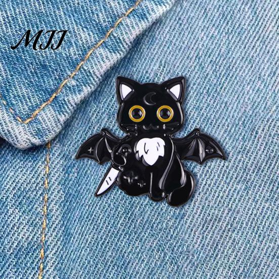 Dark Style Lapel Pin Enamel Craft Brooch Halloween Cartoon Black Cat Skeleton Shape Alloy Women Gift Badge Compact Size Easy to Fall Off