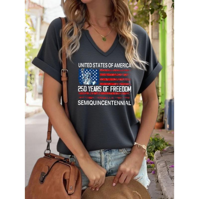 Women s V-Neck  250 Years of Freedom  Graphic Tee, USA Flag Print T-Shirt, Casual Patriotic Short Sleeve Top XL
