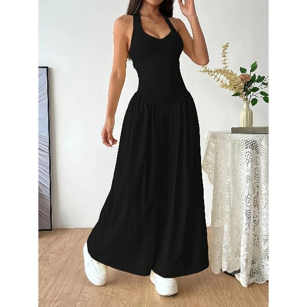 Women Yellow Halter Neck Maxi Dress Sleeveless V-Neck Backless A-Line Long Dress Casual Summer Elegant Beach Party Dresses
