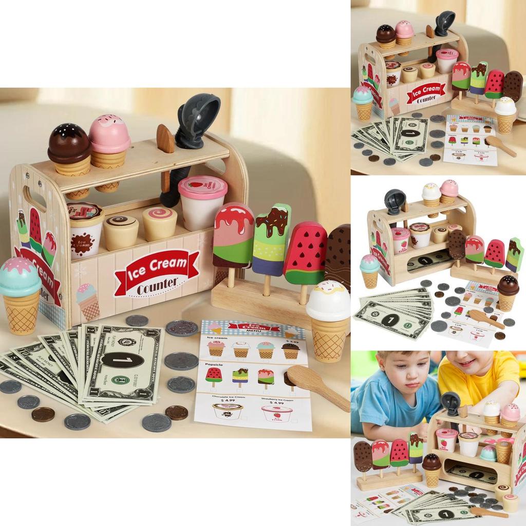 Wooden Childrens Play Kitchen Ice Cream Stand With Interactive Design For Kids Gift