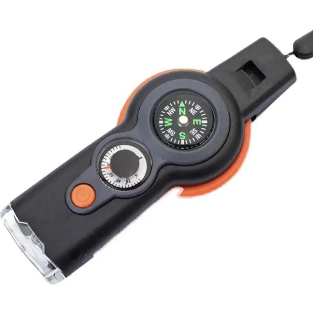 Multifunctional 7-in-1 Survival Whistle with LED Light, Thermometer, and Compass