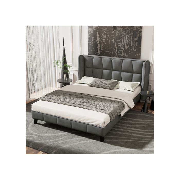 Lit rembourré - MUVOE - 140x200 cm - Velours gris - Tête de lit rembourrée - 2 places