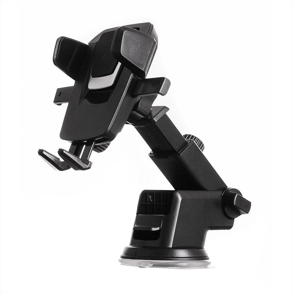 Telescopic adjustable car phone holder for dashboard or windshield, black