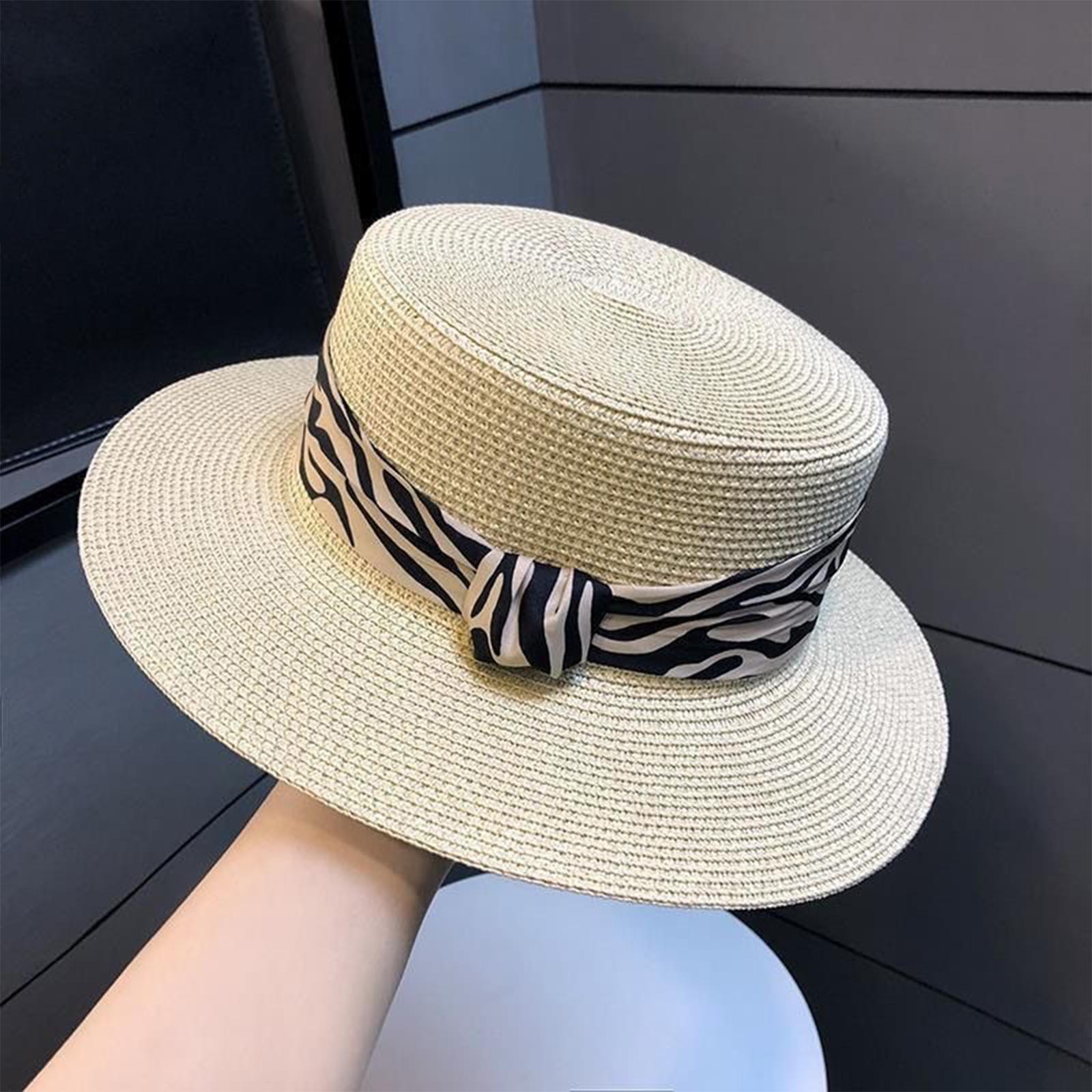 

Women s Flat Top Sun Hat Retro Outdoor Hat Wide Brim Straw Hat with Decorative Band for Beach Travel and Casual Wear One Size бежевый