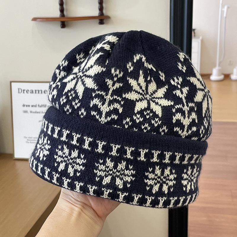 

Cold-proof and Warm Retro Pattern Wool Blended Woolen Hat for Women Korean Style Large Head Circumference Knitted Hat for Men One Size