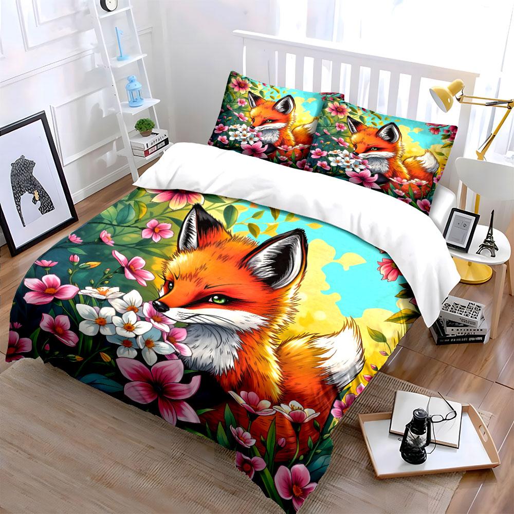 Fox Floral Art Home Decor Soft Comfortable Duvet Cover Bedding Set Included 1*Duvet Cover & 2*Pillowcases, Gift