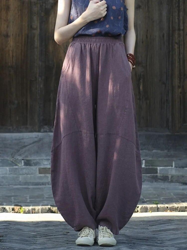 Johnature Mulheres vintage bloomers calças cor sólida retalhos cintura elástica primavera calças soltas de alta qualidade