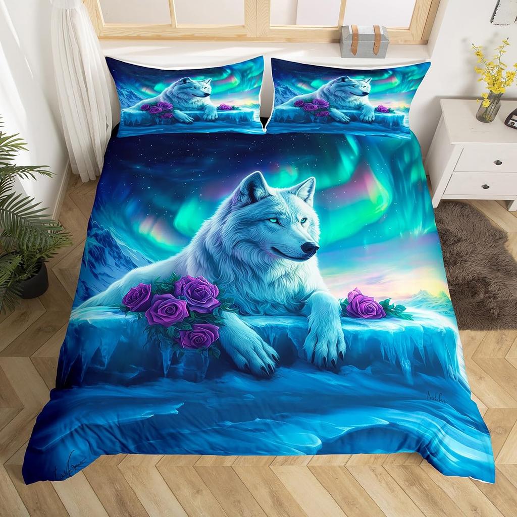 Cute Animal Duvet Cover Set Twin Queen Rabbit Fox Rustic Bedding Set, Starry Sky Galaxy Northern Lights Dreamy Comforter Cover