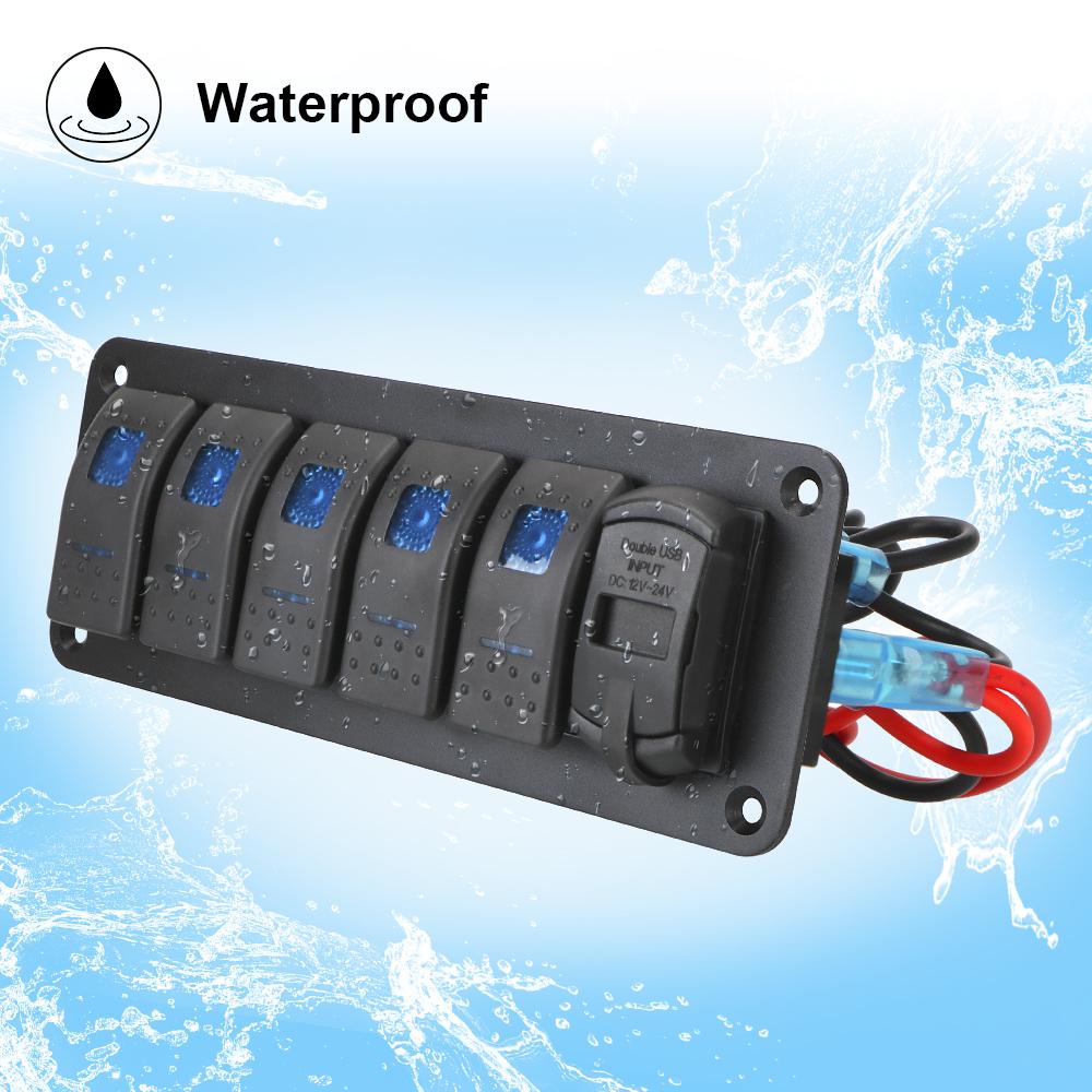 5 Gang Rocker Switch Panel Automobile switch Dual USB Port 4.2A Outlet Combination Digital Voltage Display