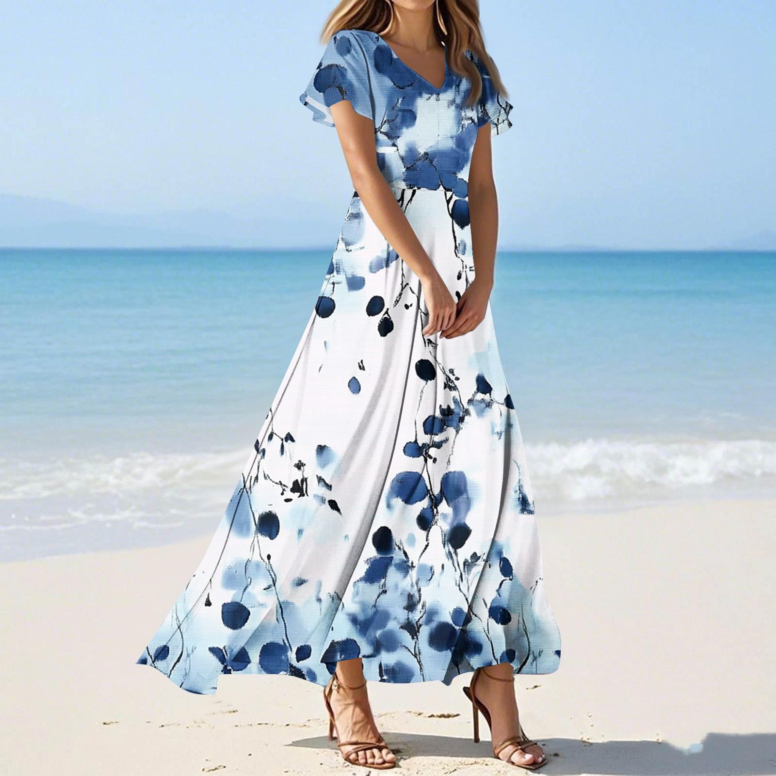 

Women s Casual Fashion Print Long Dresses V-Neck Short Sleeve Dresses L