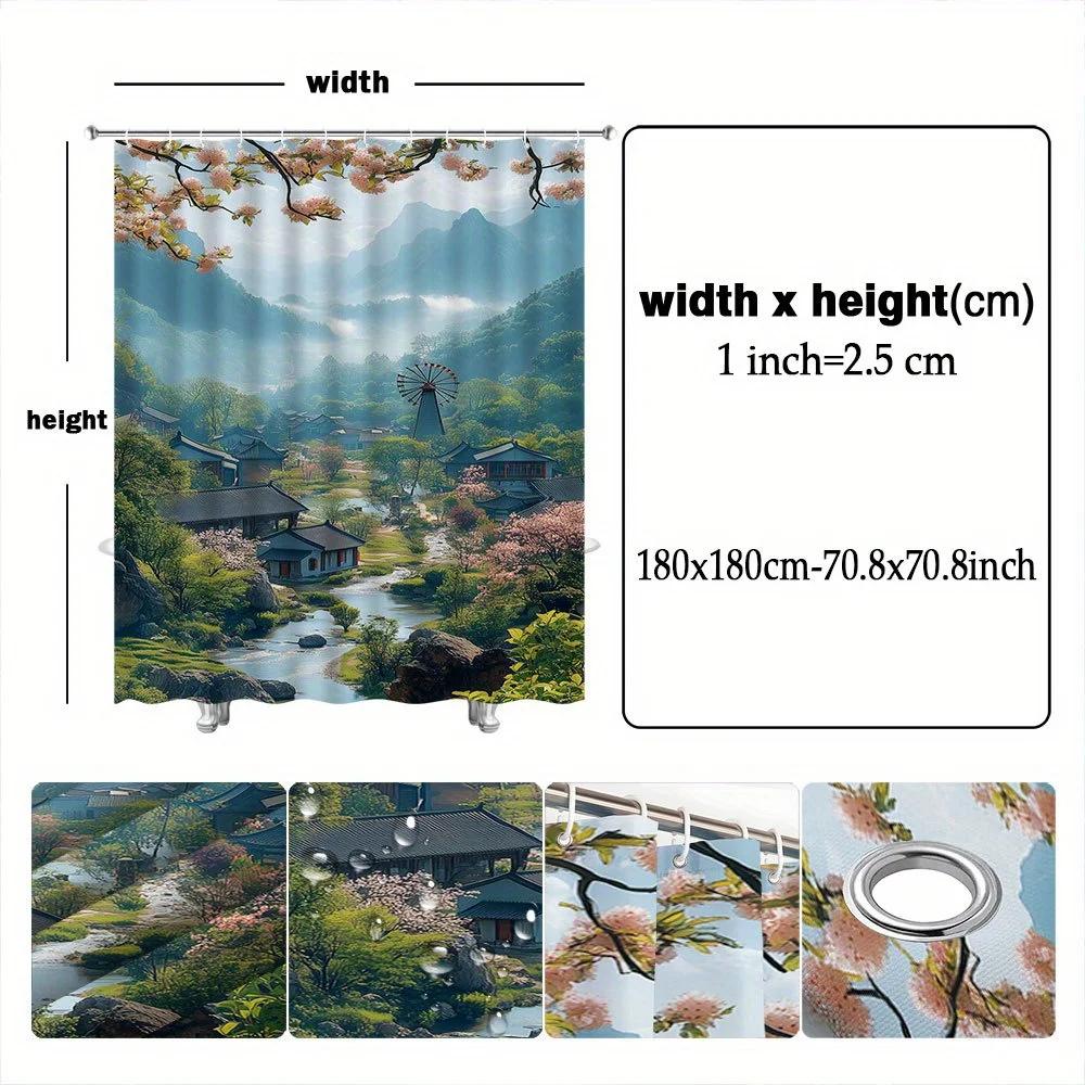 Polyester Shower Curtain-Misty Mountain Village with Cherry Blossoms,River Scene,Unlined, Woven Fabric,All-Season Bathroom Dec