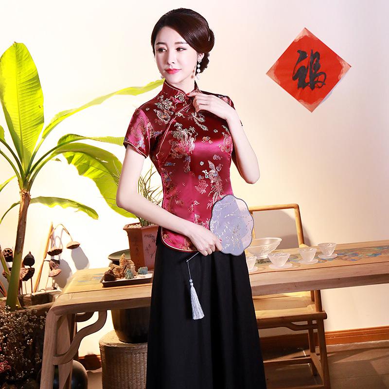

Spring Summer Women s Slim Fit Tang Suit Top - Dragon Phoenix Brocade, Short Sleeve, Retro Plus Size Mother s Wear L