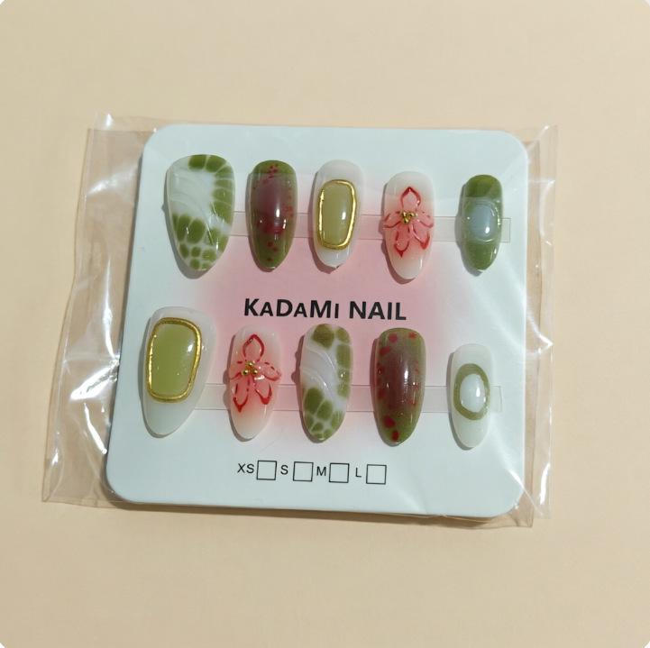 Green Polka Dot Floral Almond Nails - Women s Trendy Nail Art Stickers