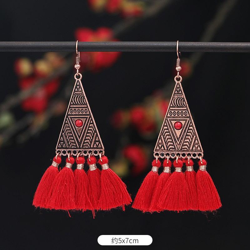 Vintage Bohemian Red Tassel Earrings Female Long Temperament Earrings Vacation Photography Bridal Earrings