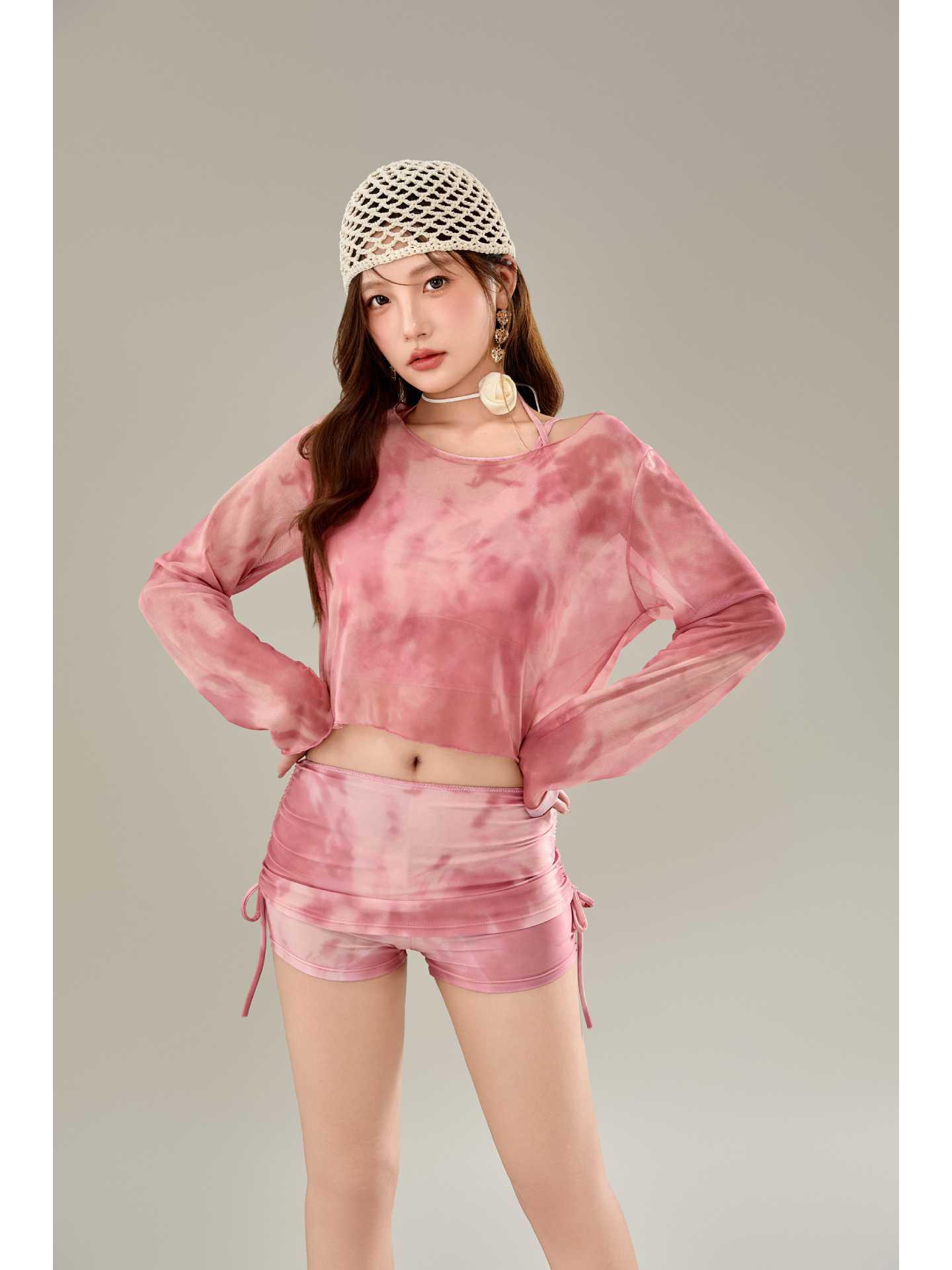 

2025 Женский купальник высокого класса с длинным рукавом - Полиэстер Спандекс, плоский вырез для ног, пляжная одежда на шнурке для отпуска S (80-90 jin) розовый