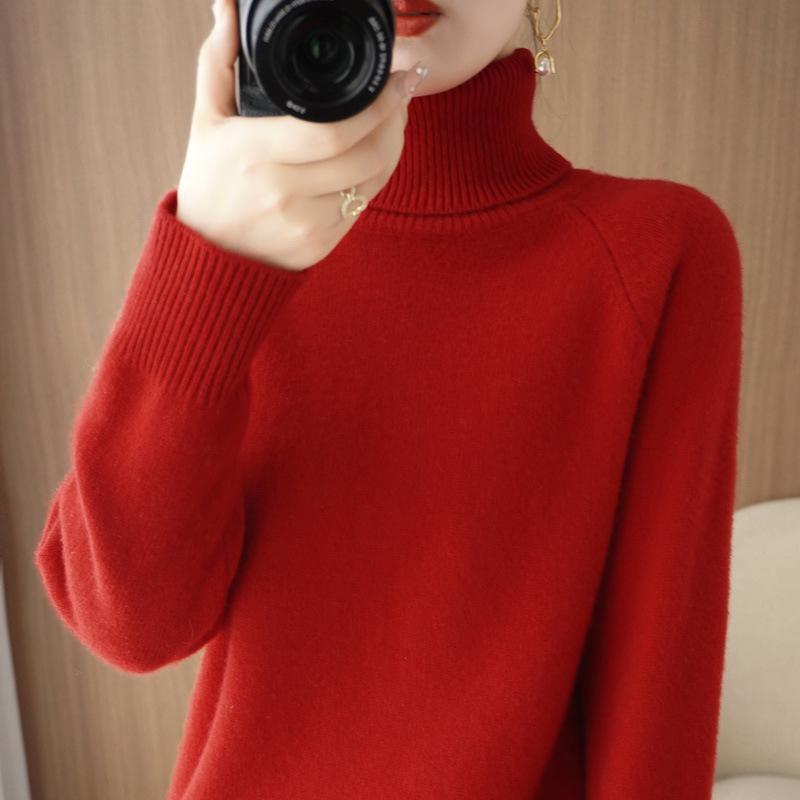 

Жіночий в язаний светр з високим горлом реглан - базовий шар осені та зими L червоний/Вишня