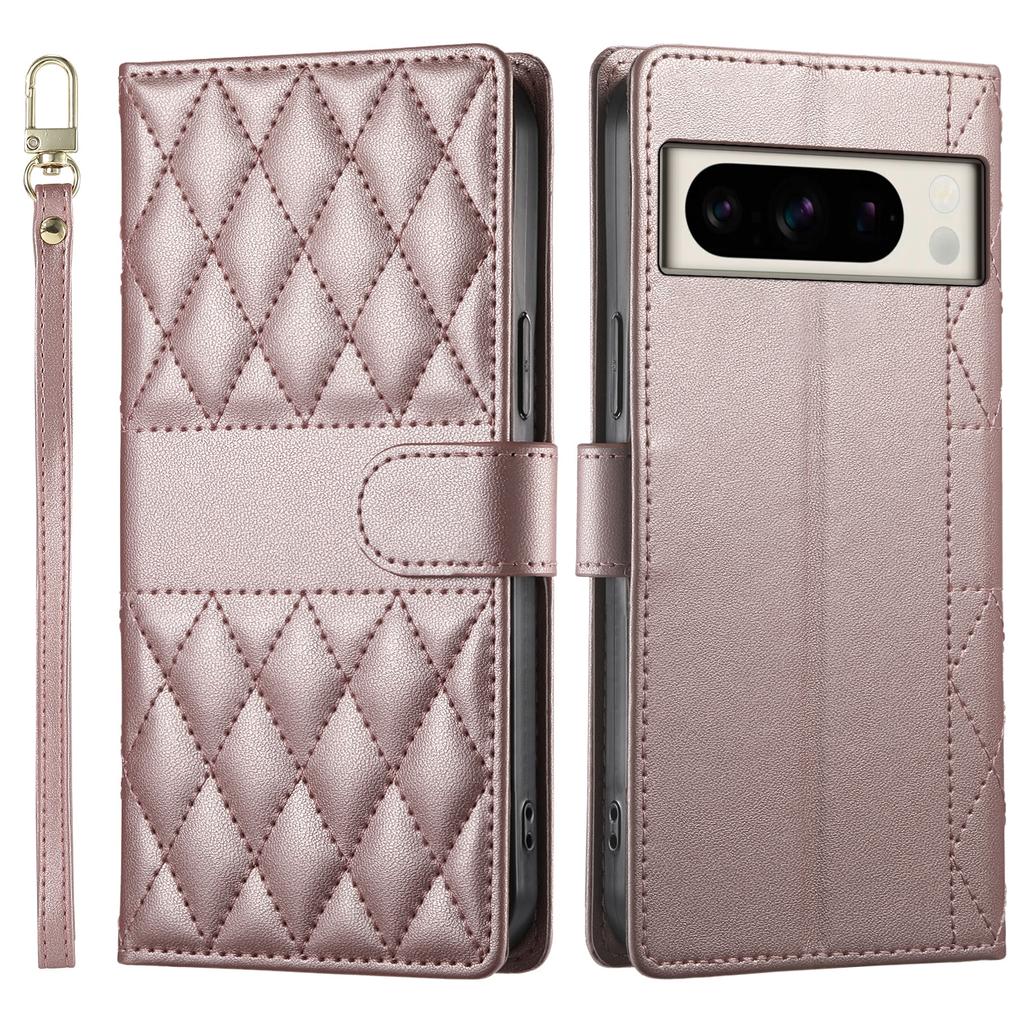 Für Google Pixel 8 Pro Hülle Rautensteppung Brieftasche Ständer Leder Handyhülle mit langem/kurzem Riemen