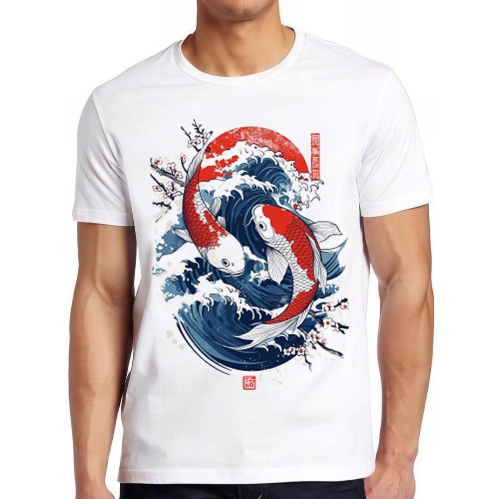Yin Yang The Great Wave Off Koi Fish Cherry Blossoms Japanese Calligraphy Art Tshirt Woman Man Vintage Shirt Cotton Shortsleev S