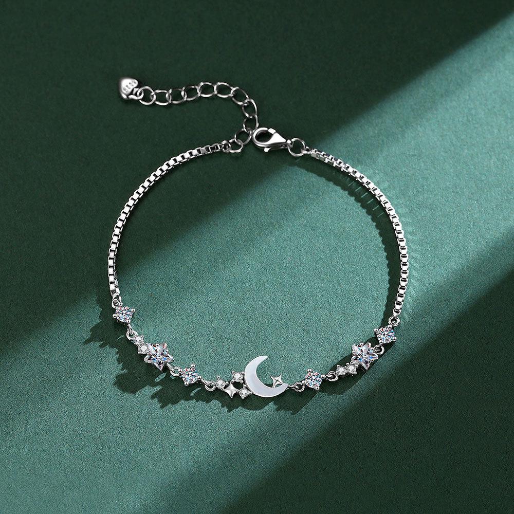 Star and Moon S925 Sterling Silver Bracelet with Mother-of-Pearl: Elegant, Versatile, and Light Luxury Design for Women 925 Sterling Silver