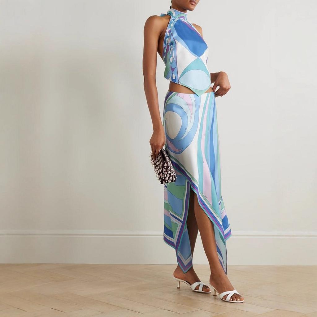 2025 New Summer Sexy Positioning Printed Satin Halter Top Irregular Skirt Two-piece Set