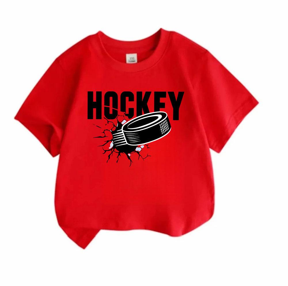 Kids Boys Girls 100% Cotton Crew Neck Short Sleeve T-Shirt, Cool Ice Breaking Hockey Puck Print Casual Soft Daily Tees for Sports Game Playing Summer