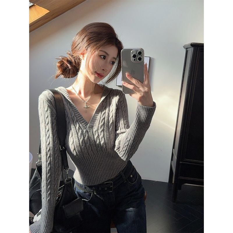 Kumikumi Stylish Gray Elegant Chic Hooded Long Sleeves Knitwear Women's Clothing Autumn Slimming Easiest for Match Tops