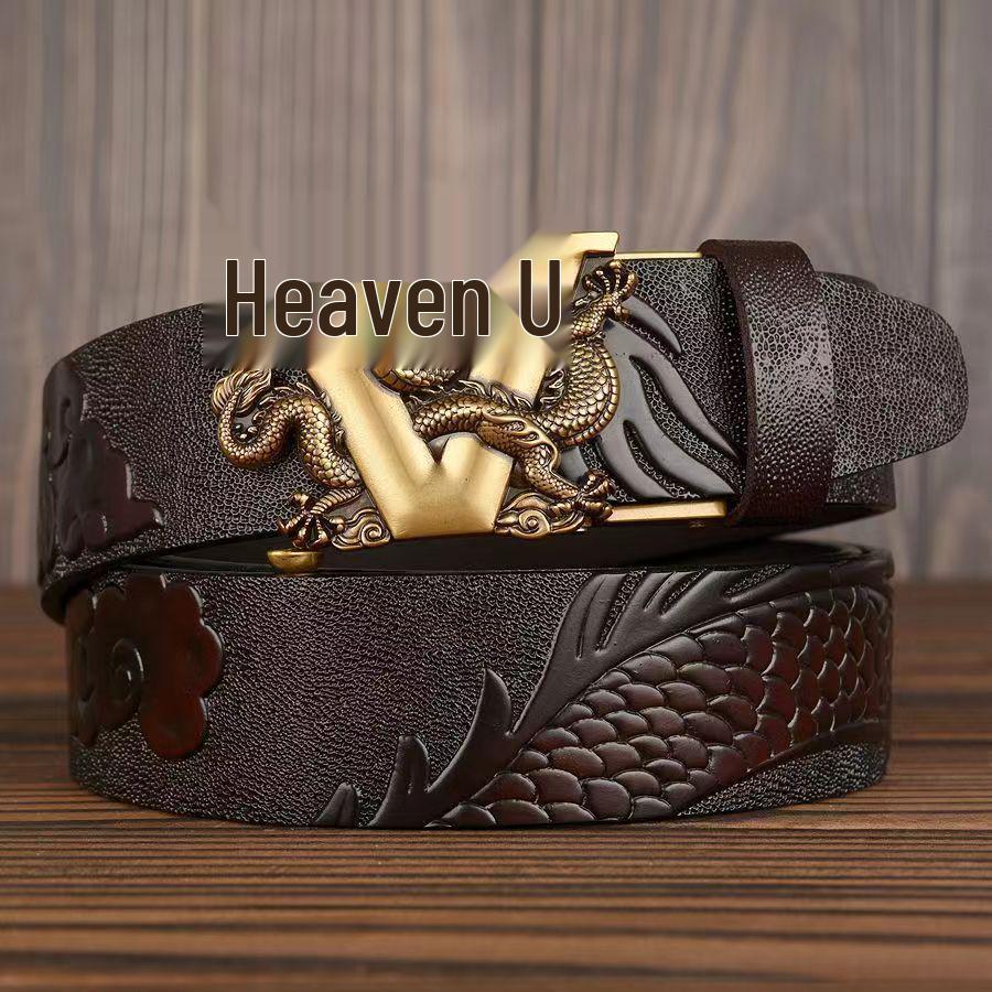 Retro Dragon Carved Pattern Automatic Buckle Leather Belt – Domineering Men's Fashion Accessory